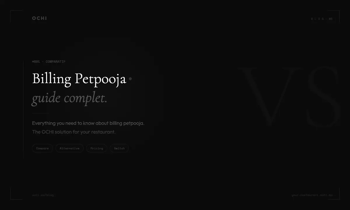 OCHI blog article header showing 'Billing Petpooja guide complet' title on dark background with navigation tags for Compare, Alternative, Pricing, and Switch