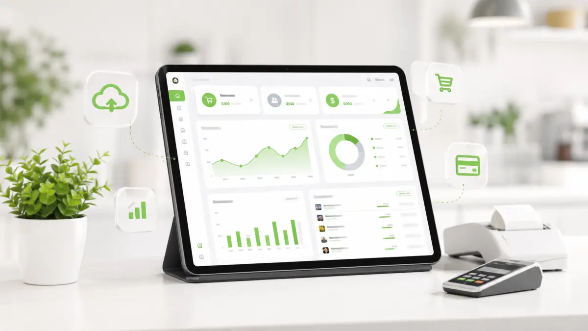 Tablet displaying restaurant business analytics dashboard with green charts, revenue metrics, and order data on white desk next to small plant and payment terminal