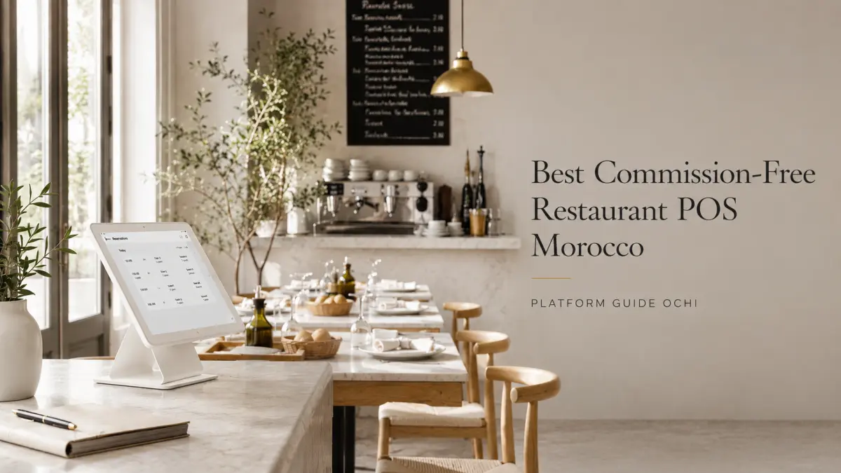 Modern restaurant interior featuring white tablet POS system on wooden table with brass pendant light, espresso machine, chalkboard menu, and natural lighting from large windows
